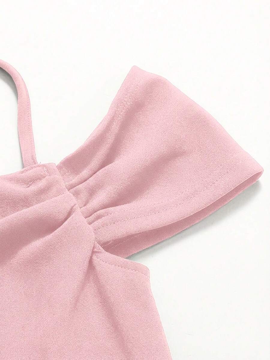 Apricot velvet A-line midi dress for tween girls featuring cold shoulder short sleeves, spaghetti straps, and a high waist.