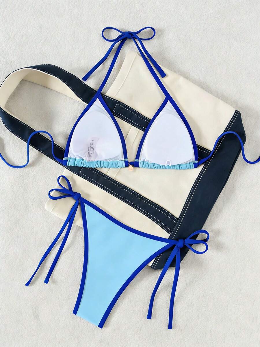 Women's high waist 2-piece triangle bikini set featuring colorblock trim, halter neckline, wireless bra with removable padding, and tie-side bottoms.