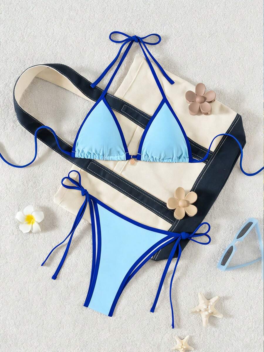 Women's high waist 2-piece triangle bikini set featuring colorblock trim, halter neckline, wireless bra with removable padding, and tie-side bottoms.