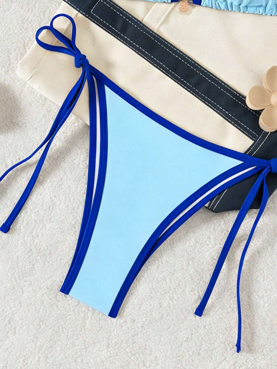 Women's high waist 2-piece triangle bikini set featuring colorblock trim, halter neckline, wireless bra with removable padding, and tie-side bottoms.