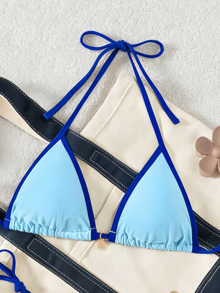Women's high waist 2-piece triangle bikini set featuring colorblock trim, halter neckline, wireless bra with removable padding, and tie-side bottoms.