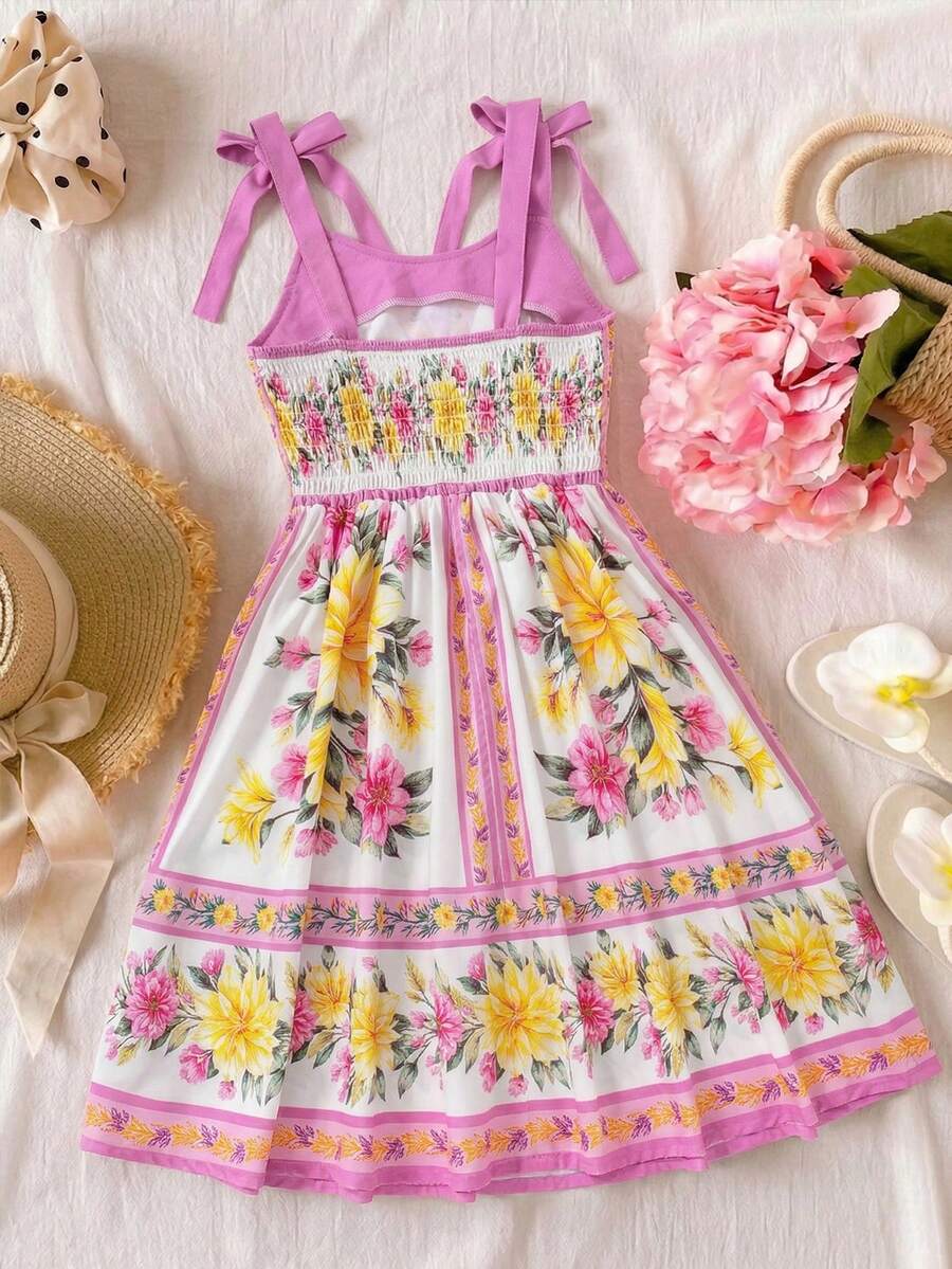 Tween girl blue plant print spaghetti strap cami dress with shirred high waist and flounce ruffled hem