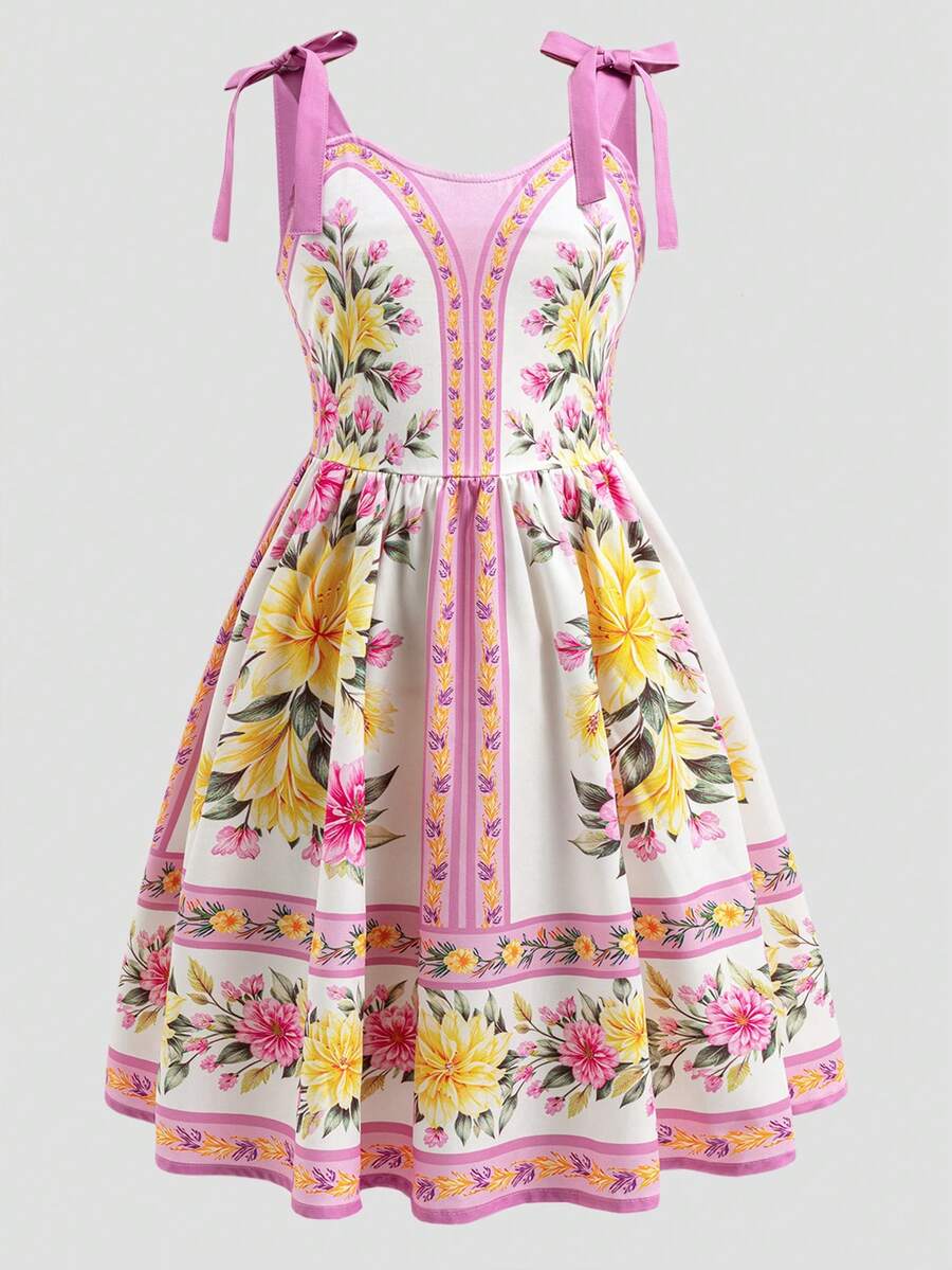 Tween girl blue plant print spaghetti strap cami dress with shirred high waist and flounce ruffled hem