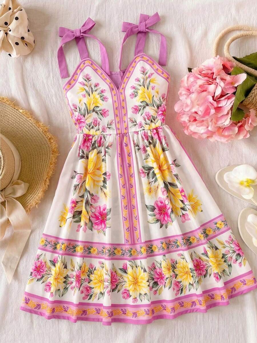 Tween girl blue plant print spaghetti strap cami dress with shirred high waist and flounce ruffled hem