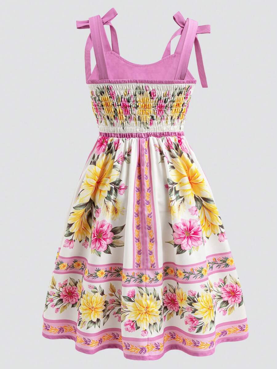 Tween girl blue plant print spaghetti strap cami dress with shirred high waist and flounce ruffled hem
