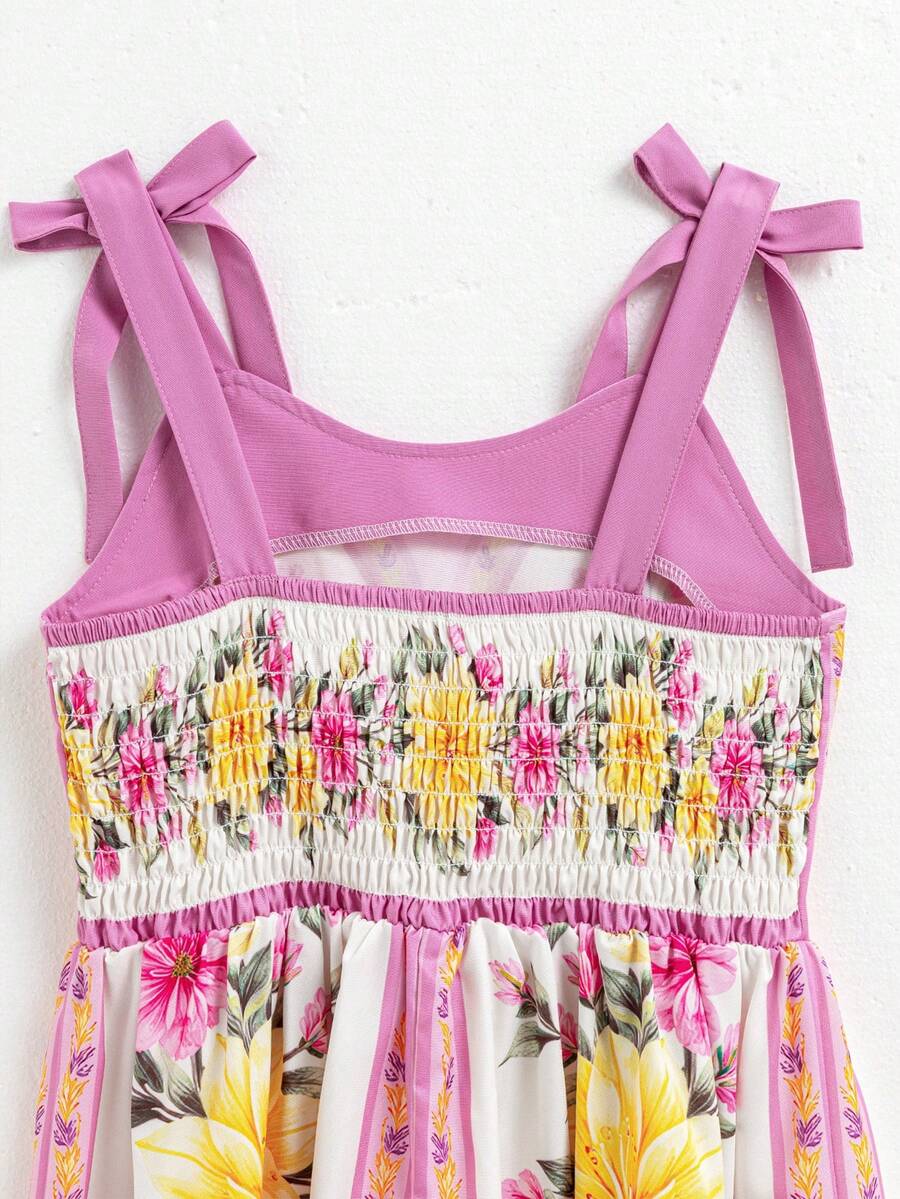 Tween girl blue plant print spaghetti strap cami dress with shirred high waist and flounce ruffled hem