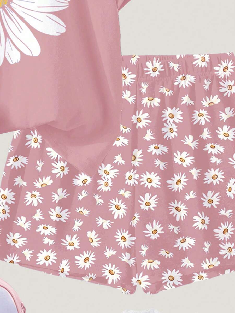 Tween girls 2-piece summer casual outfit featuring a multicolor seashell print short sleeve T-shirt with drop shoulders and matching loose fit shorts with pockets.