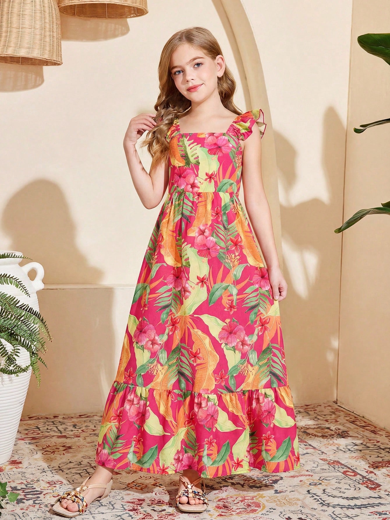 Tween girl multicolor floral vacation dress with square neck, ruffle details, shirred bodice, sleeveless A-line shape, high waist, and flounce hem.