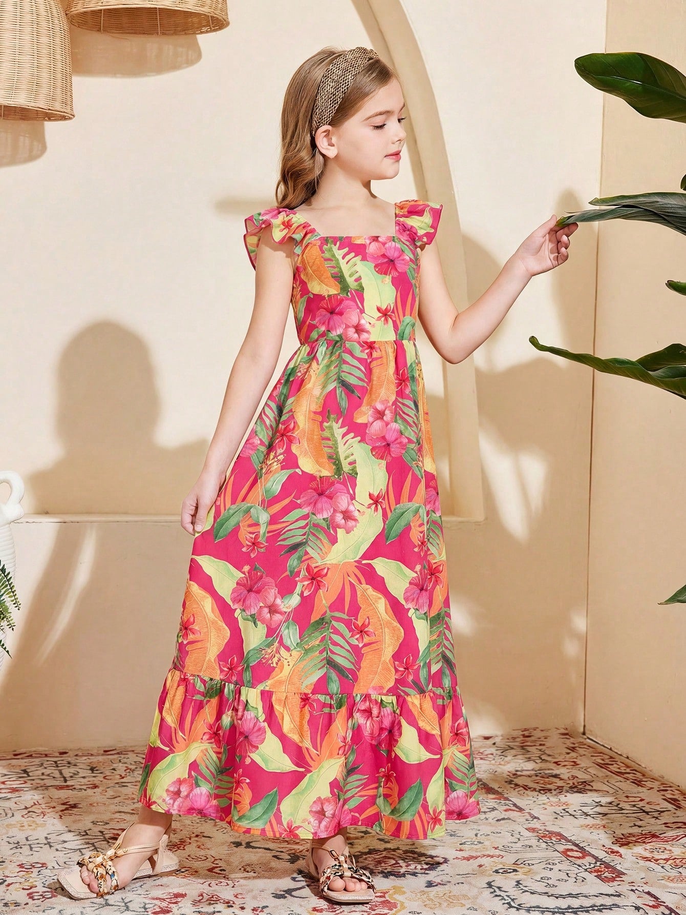 Tween girl multicolor floral vacation dress with square neck, ruffle details, shirred bodice, sleeveless A-line shape, high waist, and flounce hem.