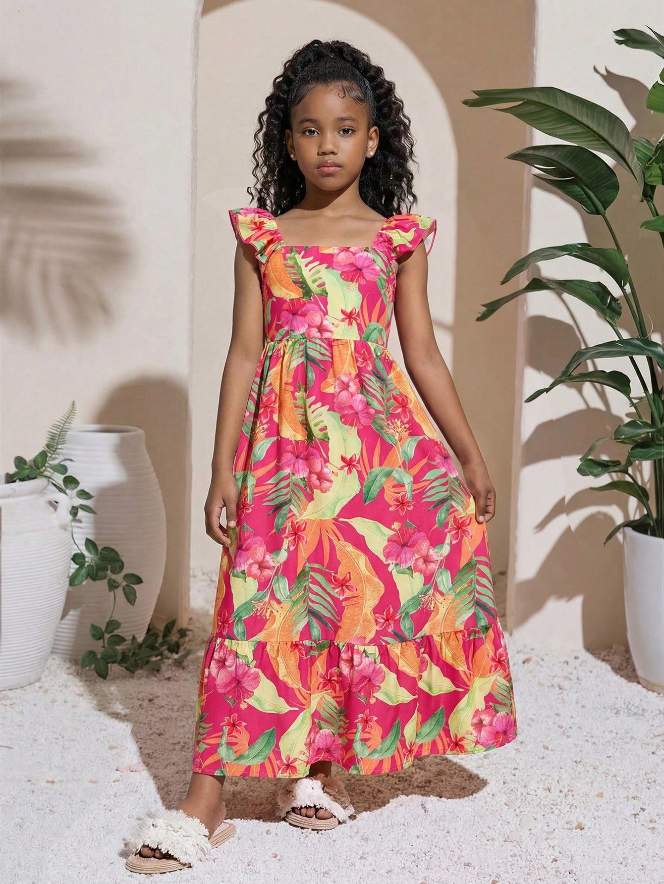 Tween girl multicolor floral vacation dress with square neck, ruffle details, shirred bodice, sleeveless A-line shape, high waist, and flounce hem.