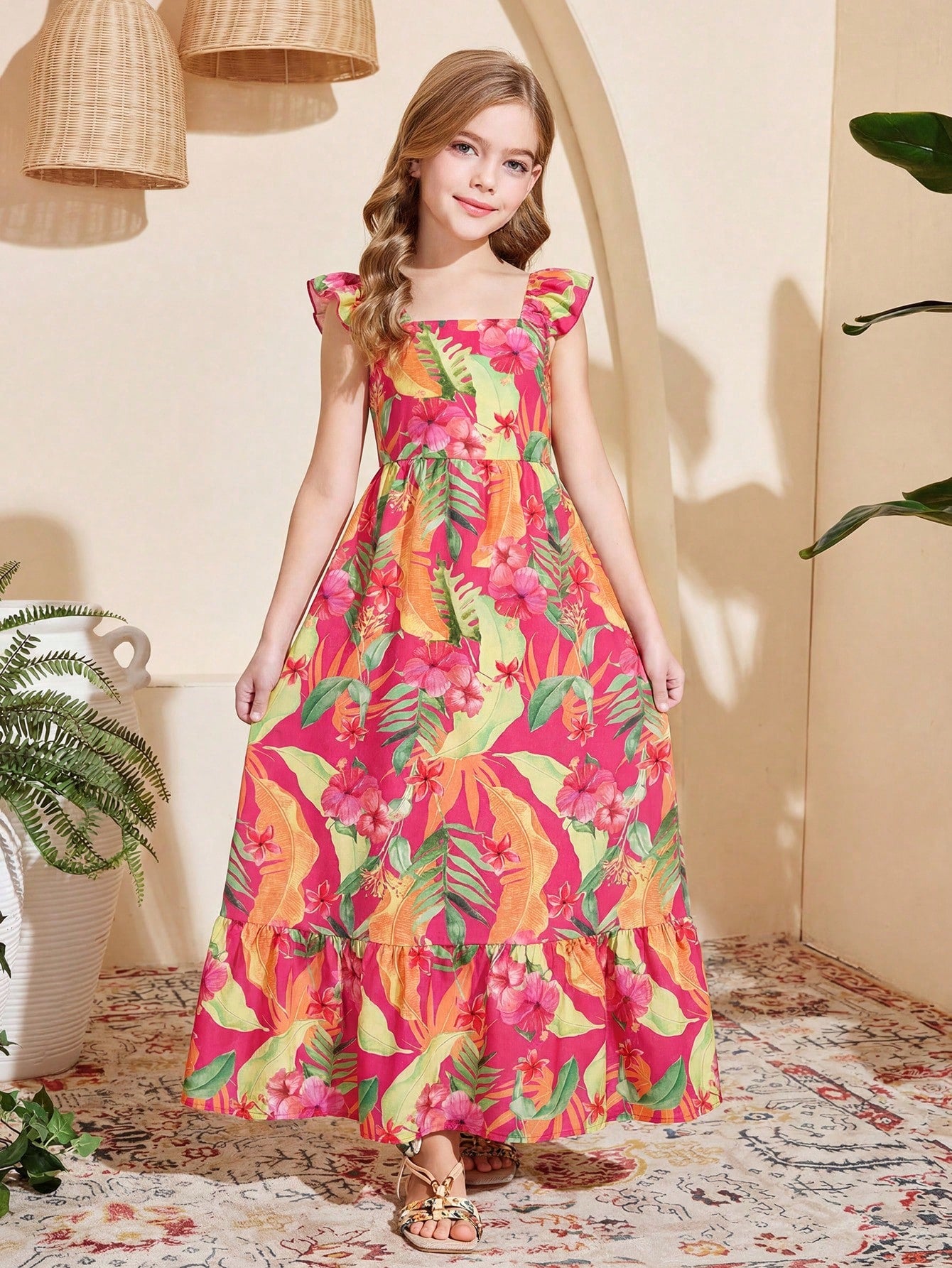 Tween girl multicolor floral vacation dress with square neck, ruffle details, shirred bodice, sleeveless A-line shape, high waist, and flounce hem.