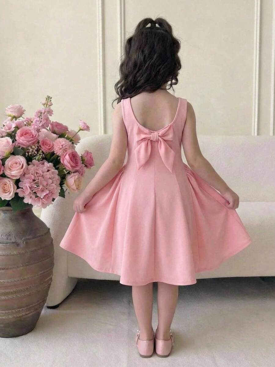 Sleeveless pink square neck A-line dress for tween girls featuring pearl embellishments and a high-waist slim fit design.