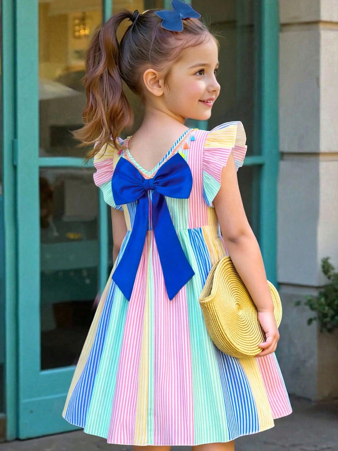 Tween girls blue short smock dress featuring flounce short sleeves, high waist flared hem, round neck, and front bow detail.