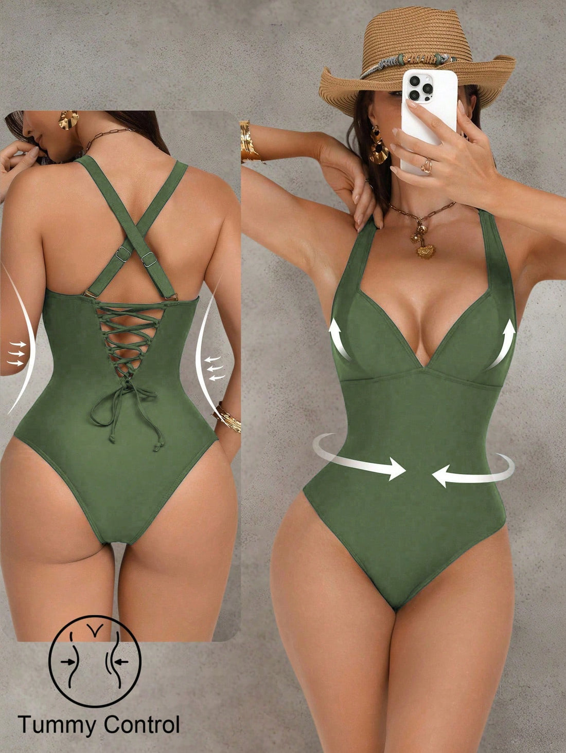 Shapewave women's push-up one-piece swimsuit featuring a sweetheart neckline, ruched detailing, backless style, and removable padding.