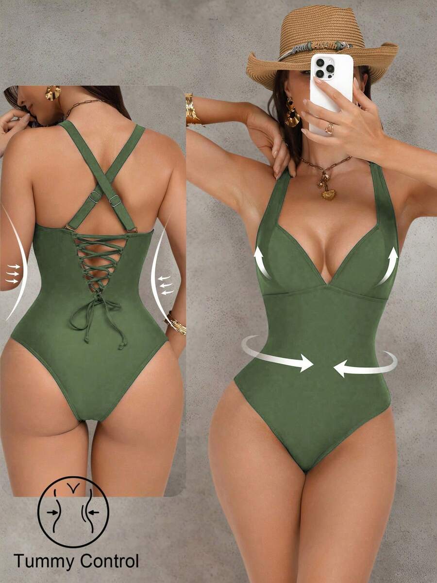 Shapewave women's push-up one-piece swimsuit featuring a sweetheart neckline, ruched detailing, backless style, and removable padding.