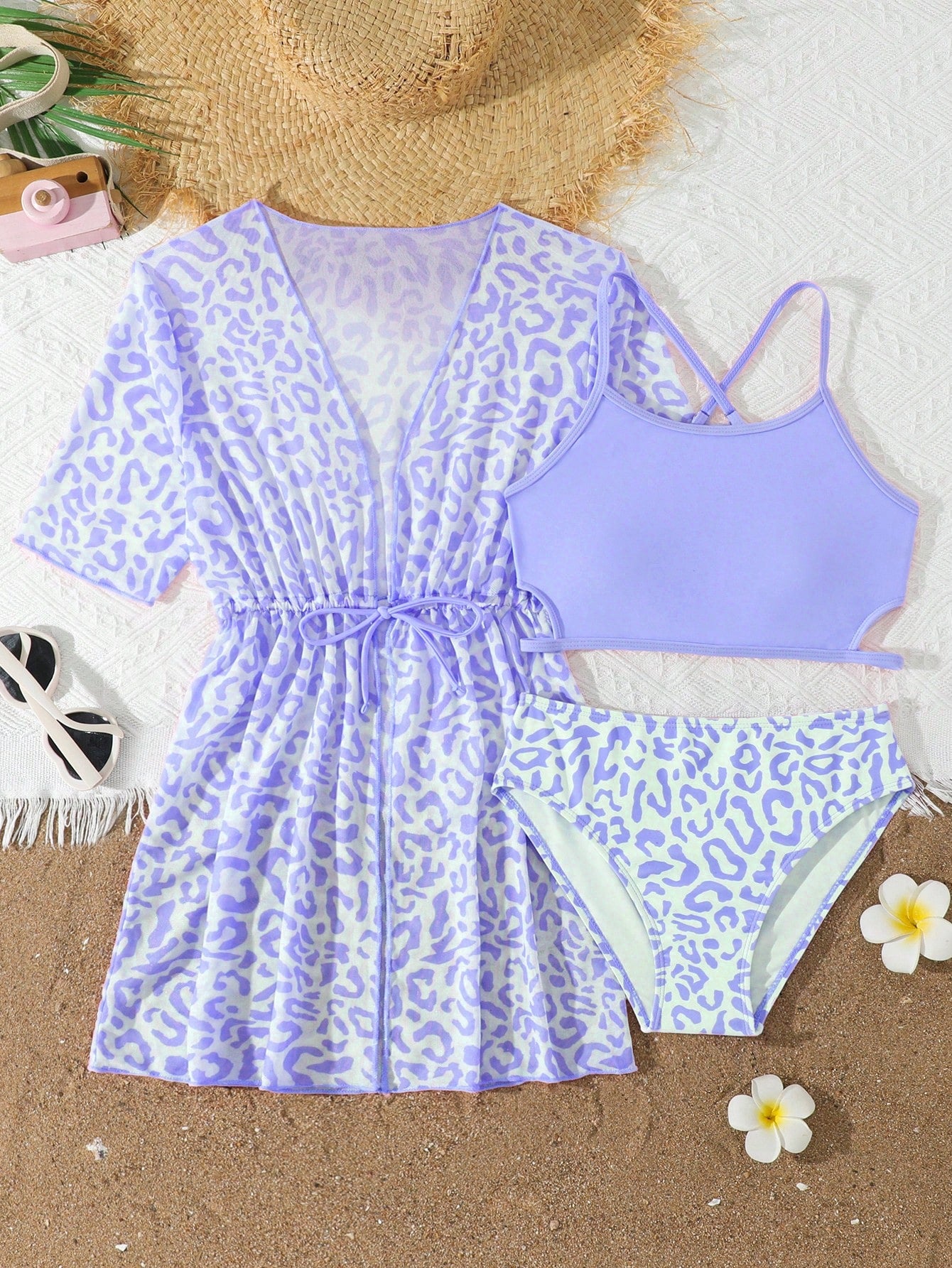 Tween girls 3-piece striped swimwear set featuring a tankini top, mid-waist bikini bottoms with a drawstring waist, and a matching kimono cover-up for beach or vacation wear.