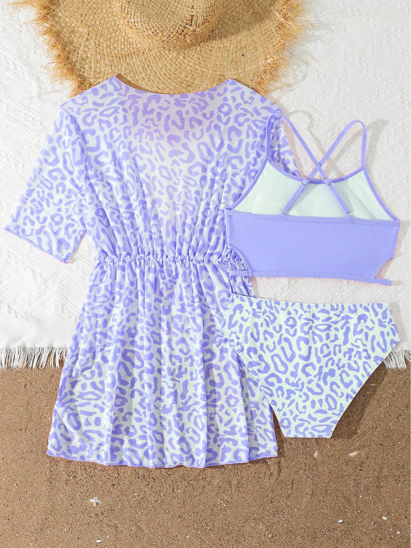Tween girls 3-piece striped swimwear set featuring a tankini top, mid-waist bikini bottoms with a drawstring waist, and a matching kimono cover-up for beach or vacation wear.
