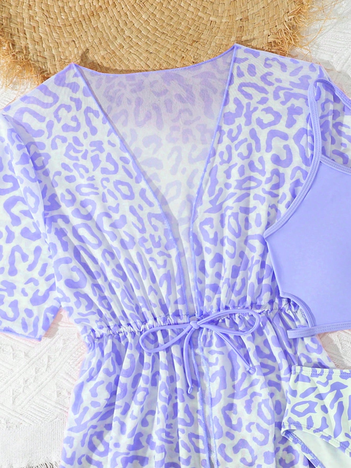 Tween girls 3-piece striped swimwear set featuring a tankini top, mid-waist bikini bottoms with a drawstring waist, and a matching kimono cover-up for beach or vacation wear.
