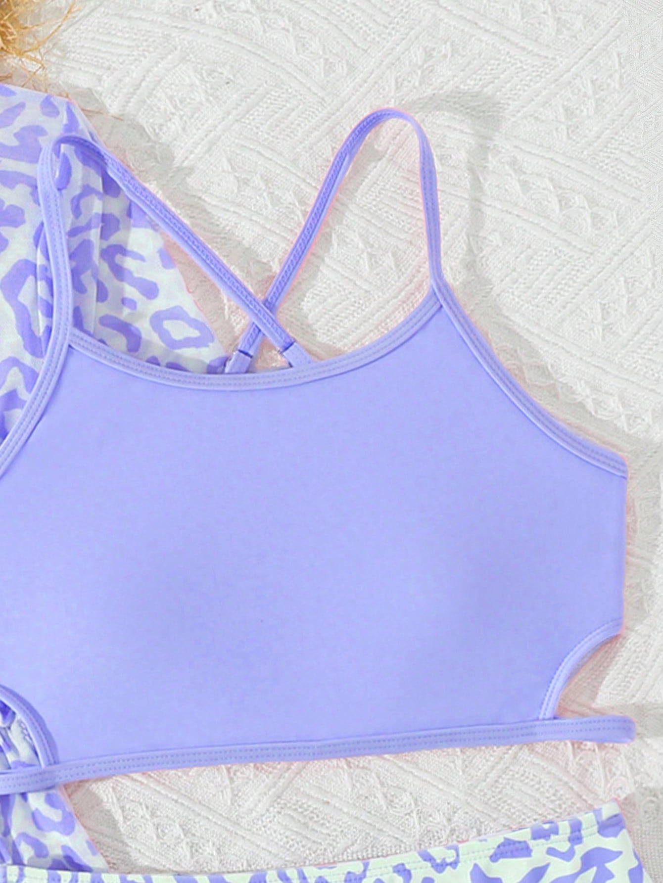 Tween girls 3-piece striped swimwear set featuring a tankini top, mid-waist bikini bottoms with a drawstring waist, and a matching kimono cover-up for beach or vacation wear.