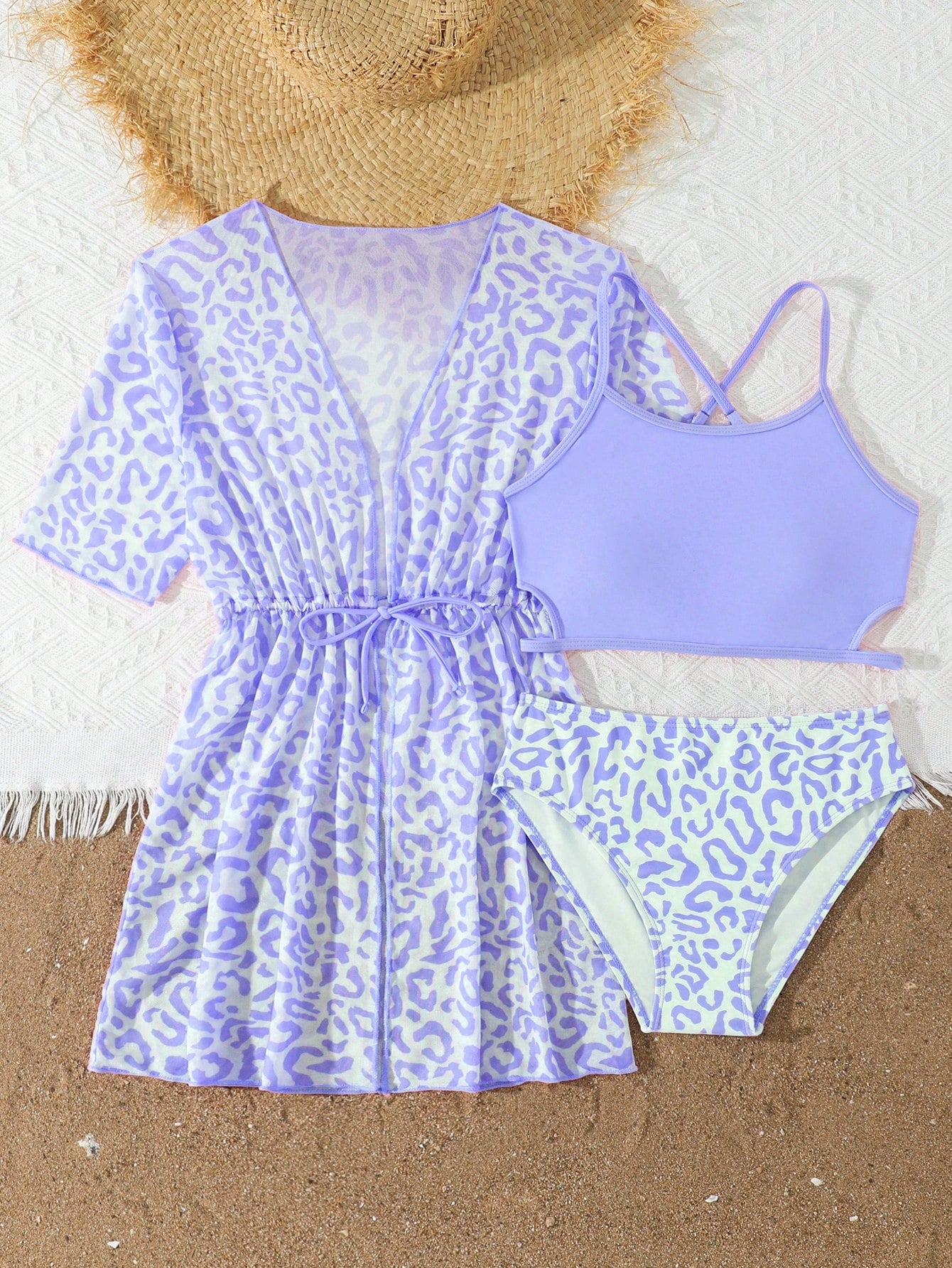 Tween girls 3-piece striped swimwear set featuring a tankini top, mid-waist bikini bottoms with a drawstring waist, and a matching kimono cover-up for beach or vacation wear.