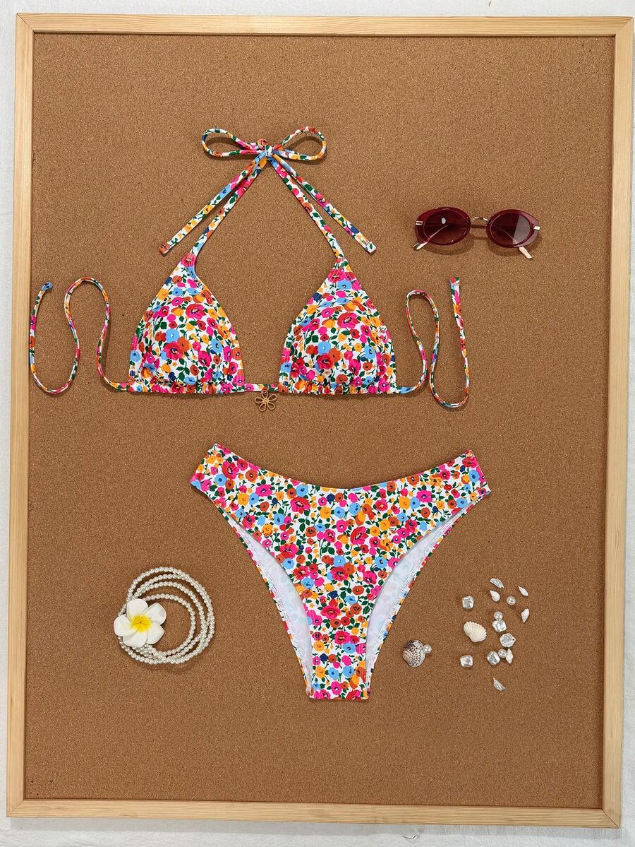 Women's apricot 2-piece halter bikini set featuring a wireless triangle top with tie-back detail and high-waisted high-cut bottoms.