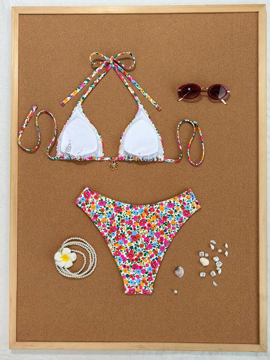 Women's apricot 2-piece halter bikini set featuring a wireless triangle top with tie-back detail and high-waisted high-cut bottoms.