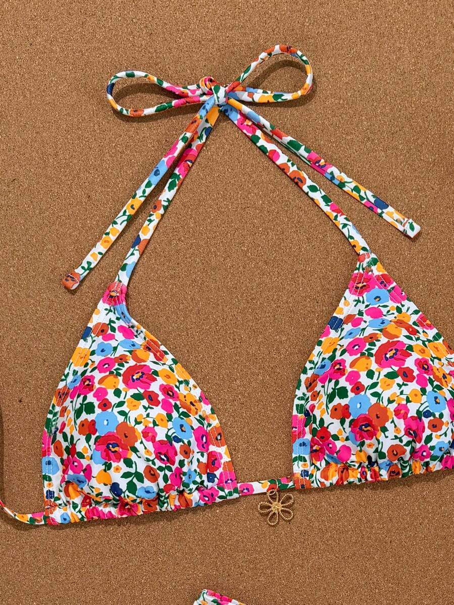 Women's apricot 2-piece halter bikini set featuring a wireless triangle top with tie-back detail and high-waisted high-cut bottoms.