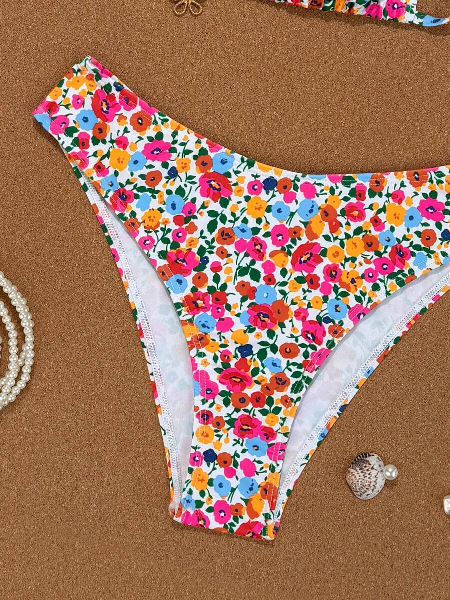Women's apricot 2-piece halter bikini set featuring a wireless triangle top with tie-back detail and high-waisted high-cut bottoms.