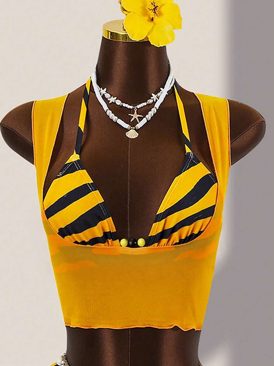 Brown striped 3-piece bikini set for women featuring a halter tie neck, wireless triangle cups with removable padding, cut-out details, and low waist tie side bottoms.