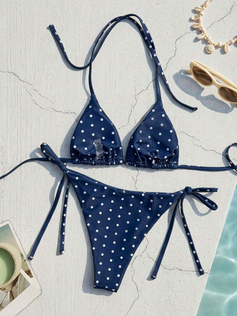 Women's high waist 2-piece triangle bikini set featuring colorblock trim, halter neckline, wireless bra with removable padding, and tie-side bottoms.