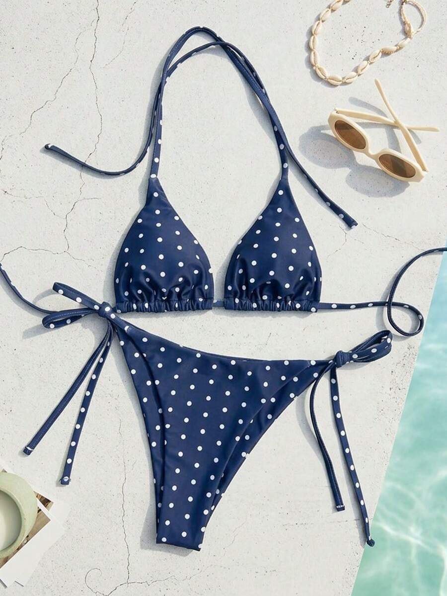 Women's high waist 2-piece triangle bikini set featuring colorblock trim, halter neckline, wireless bra with removable padding, and tie-side bottoms.