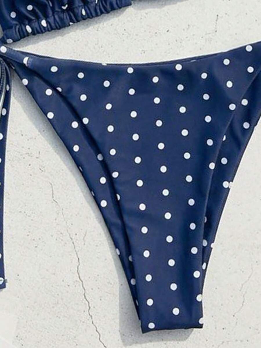 Women's high waist 2-piece triangle bikini set featuring colorblock trim, halter neckline, wireless bra with removable padding, and tie-side bottoms.