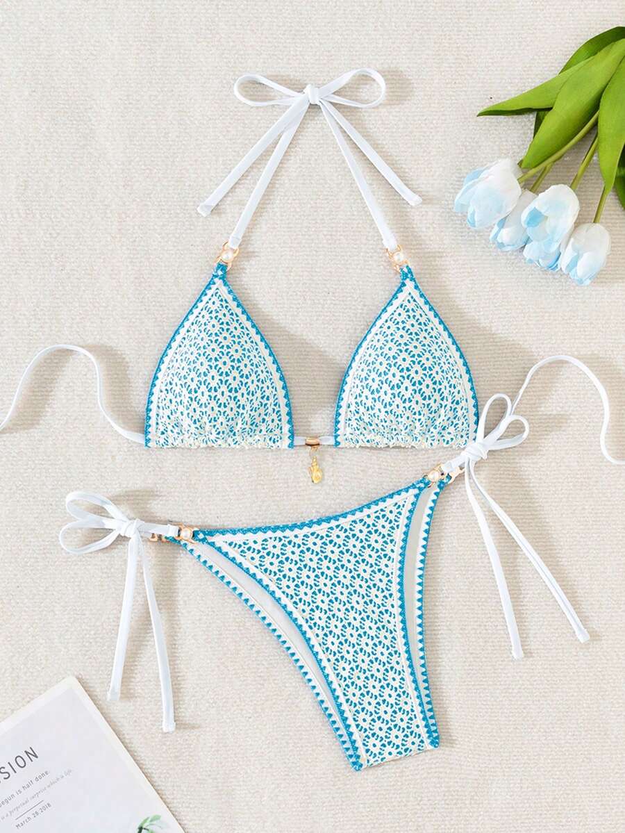 Women's triangle bikini set with contrast lace wireless bra top and ultra high waist tie side bottoms.