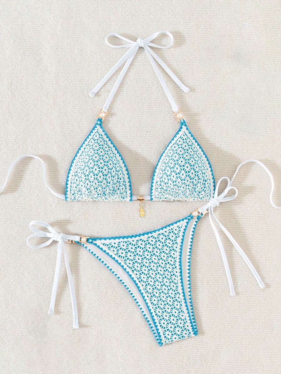 Women's triangle bikini set with contrast lace wireless bra top and ultra high waist tie side bottoms.