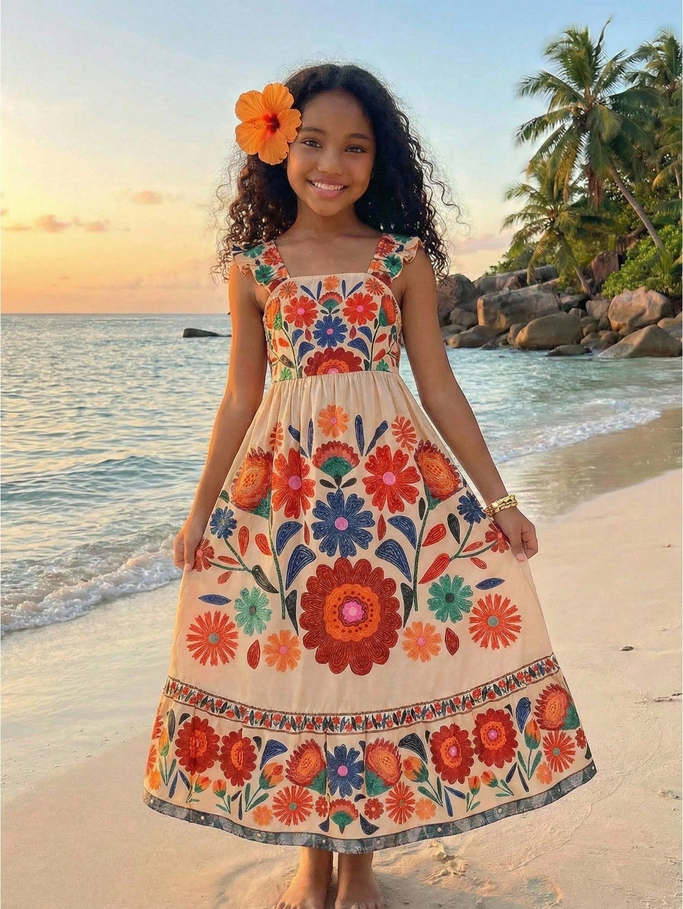 Tween girl multicolor floral vacation dress with square neck, ruffle details, shirred bodice, sleeveless A-line shape, high waist, and flounce hem.