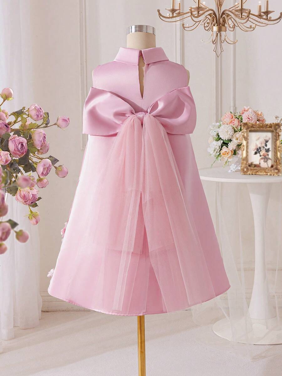 Apricot sleeveless embroidery mesh tunic princess dress for tween girls featuring appliques, stand collar, zipper closure, and short straight hem.