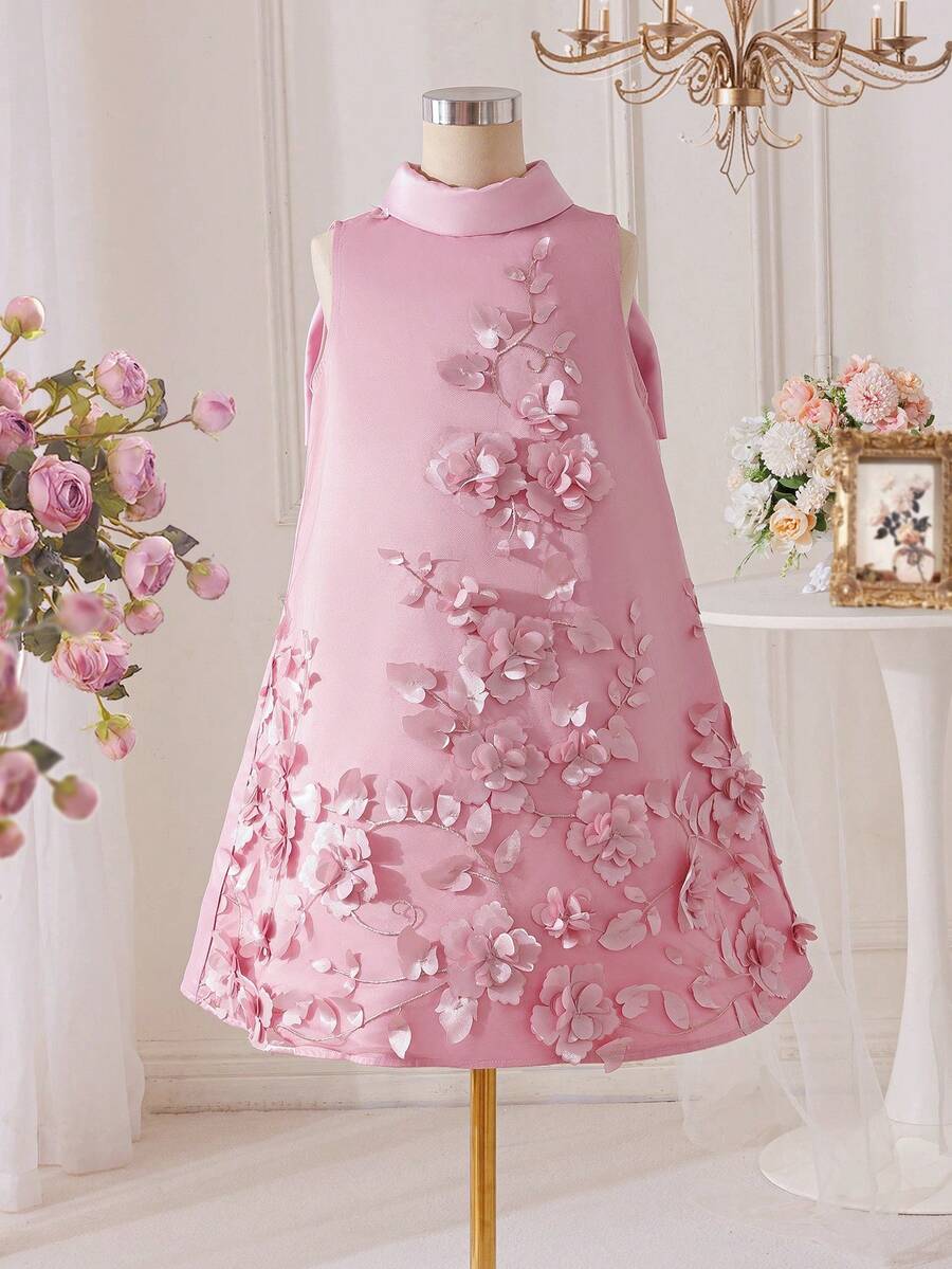 Apricot sleeveless embroidery mesh tunic princess dress for tween girls featuring appliques, stand collar, zipper closure, and short straight hem.