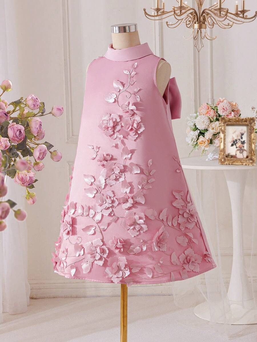 Apricot sleeveless embroidery mesh tunic princess dress for tween girls featuring appliques, stand collar, zipper closure, and short straight hem.