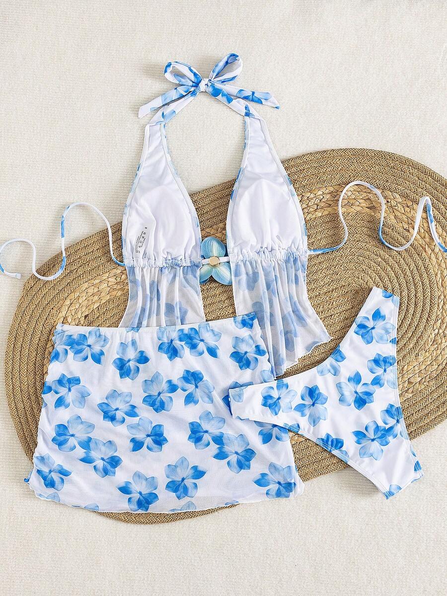 Women's 3-piece floral bikini set featuring a multicolor plant print halter top with 3D rose detail, matching bikini bottoms, and short skirt cover-up