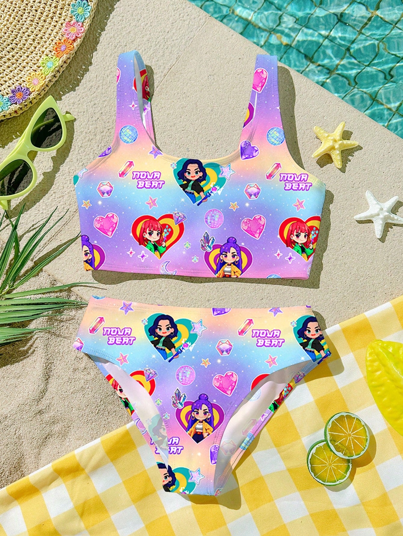 Girls multicolor floral print bikini set with strap sleeveless top and high waist mid waist bottom for summer vacation beachwear