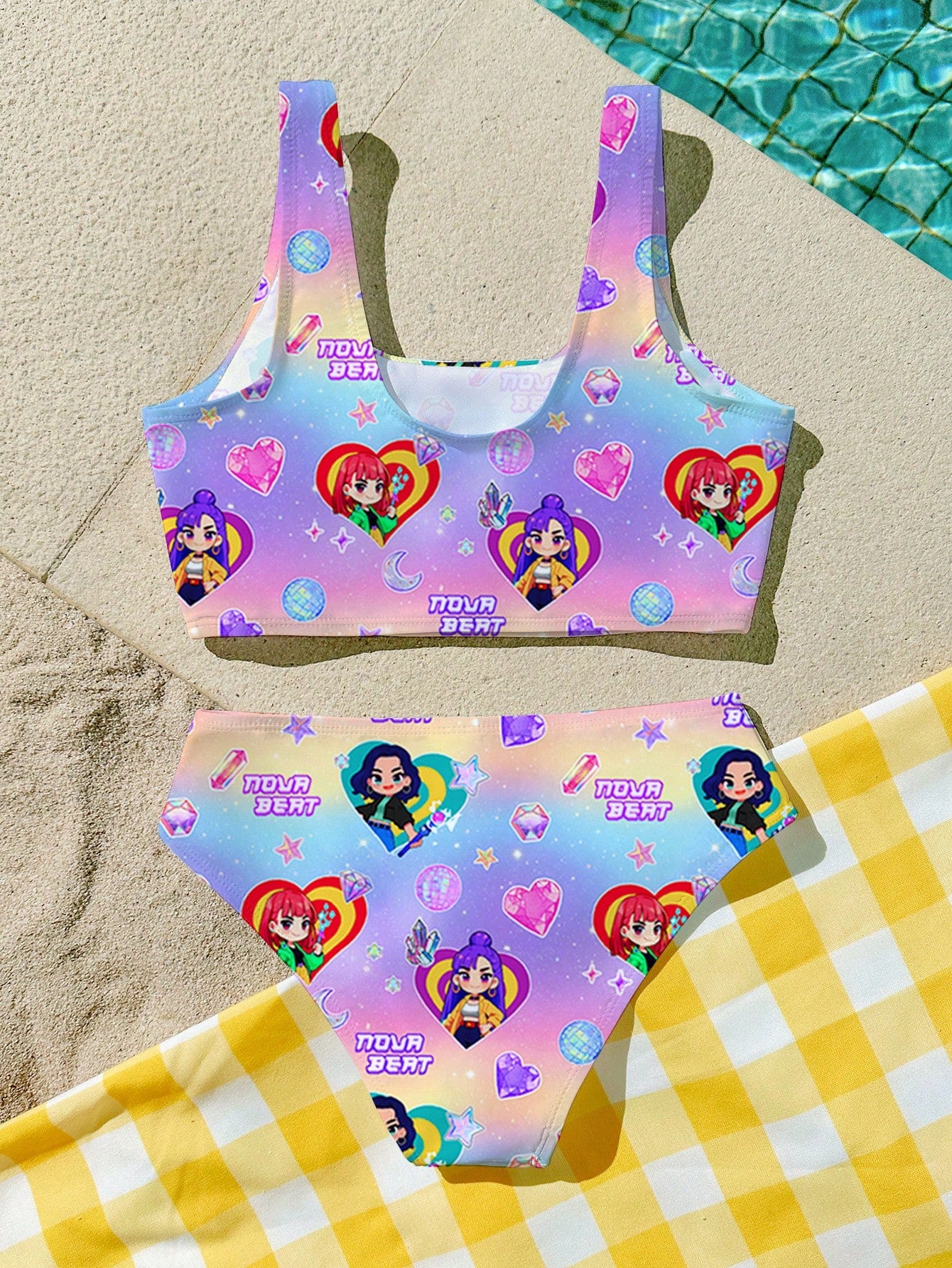 Girls multicolor floral print bikini set with strap sleeveless top and high waist mid waist bottom for summer vacation beachwear