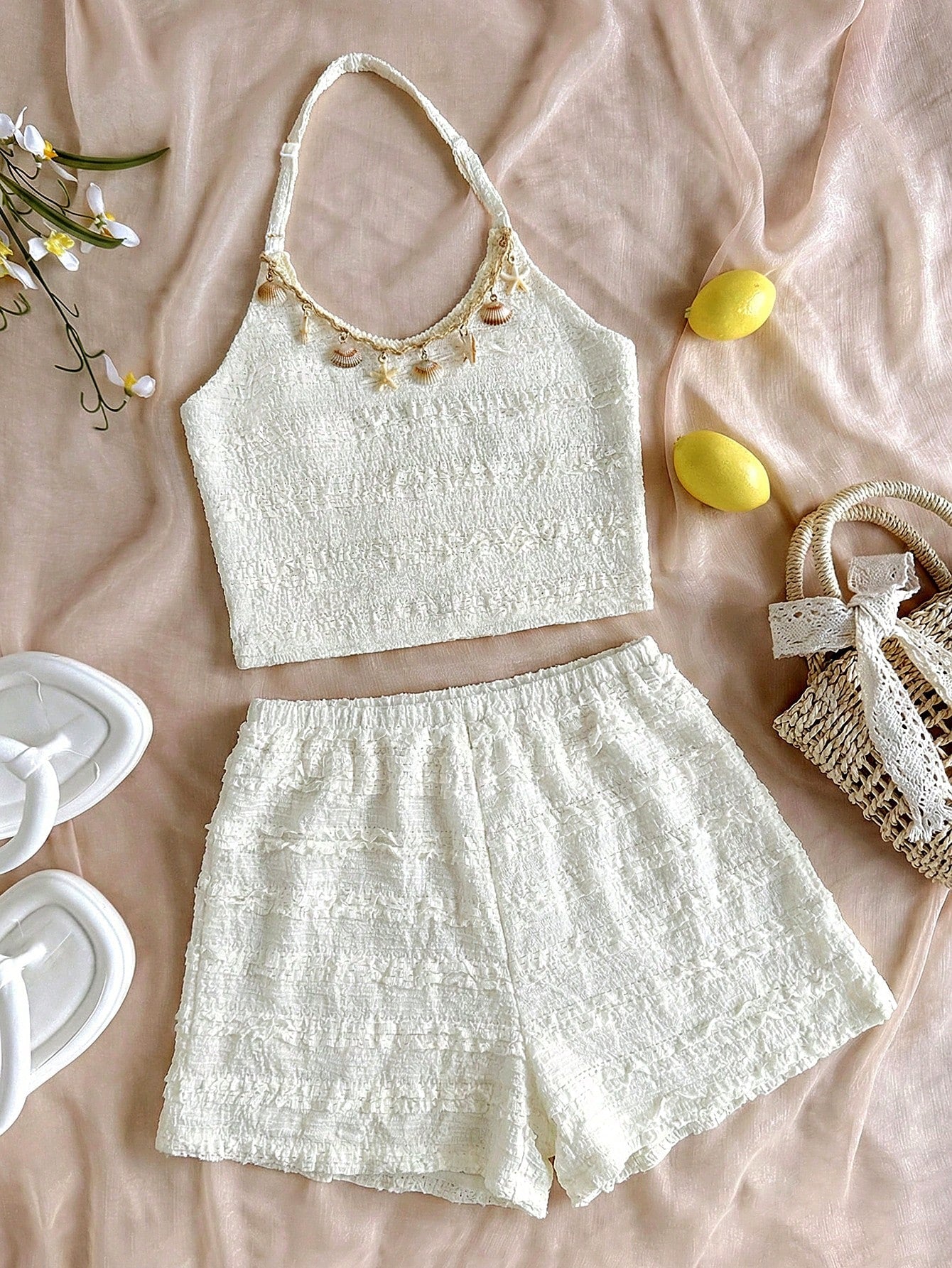 Tween girls apricot knitted texture halter top and elastic waistband shorts set.