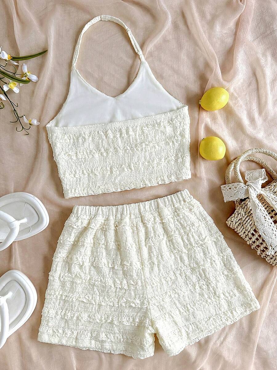 Tween girls apricot knitted texture halter top and elastic waistband shorts set.