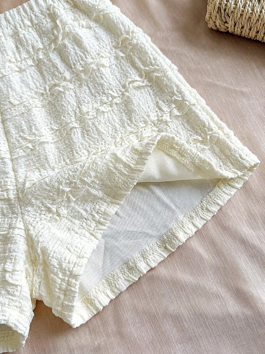 Tween girls apricot knitted texture halter top and elastic waistband shorts set.
