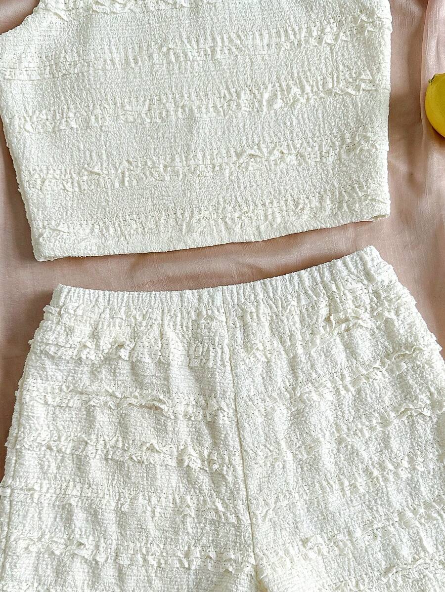 Tween girls apricot knitted texture halter top and elastic waistband shorts set.