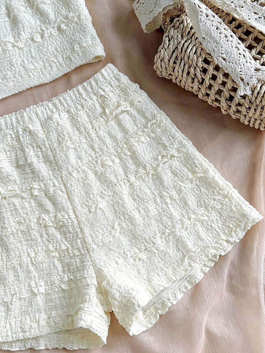 Tween girls apricot knitted texture halter top and elastic waistband shorts set.