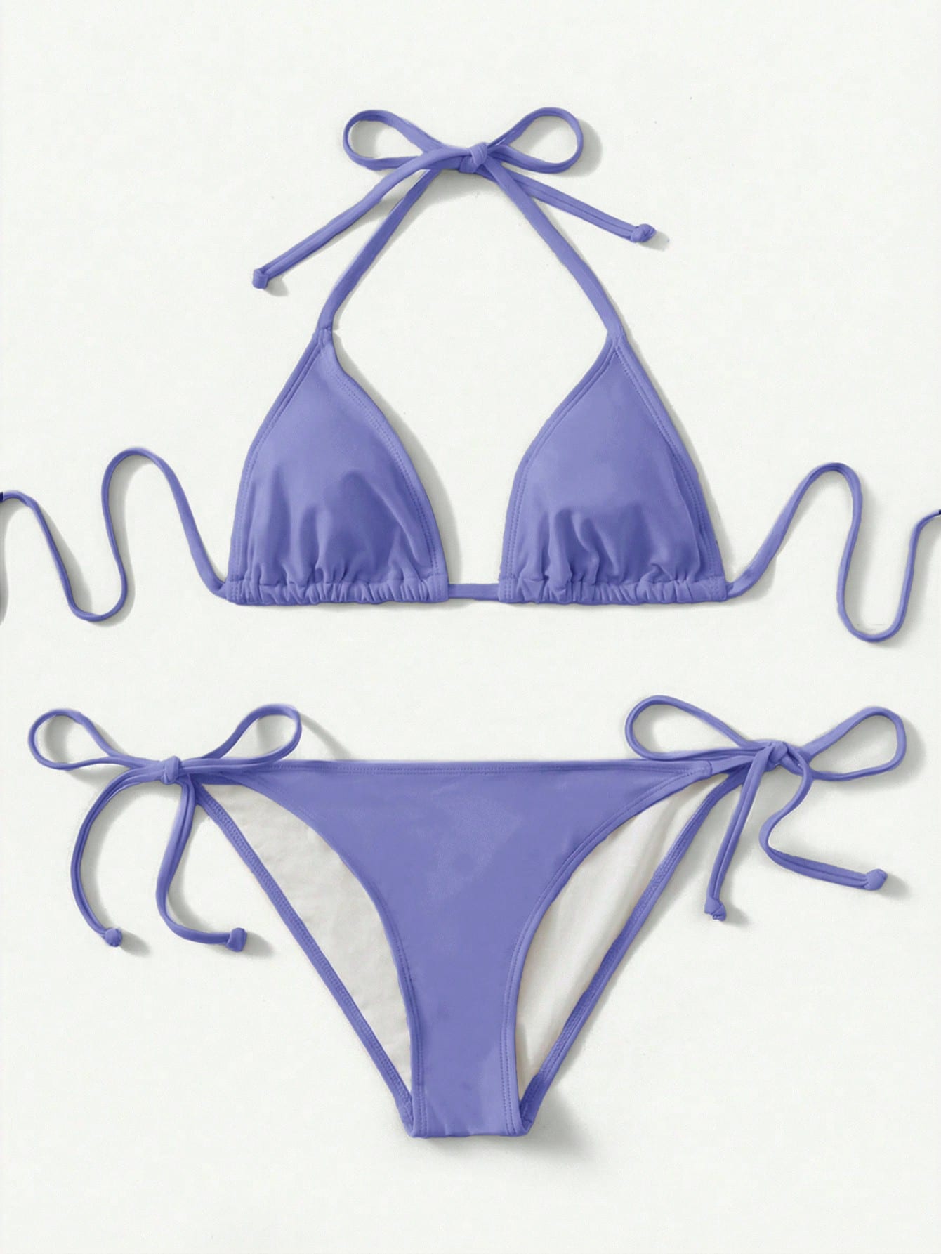 Women's high waist halter tie bikini swimwear set featuring triangle cups, wireless bra with removable padding, and tie side bottoms.