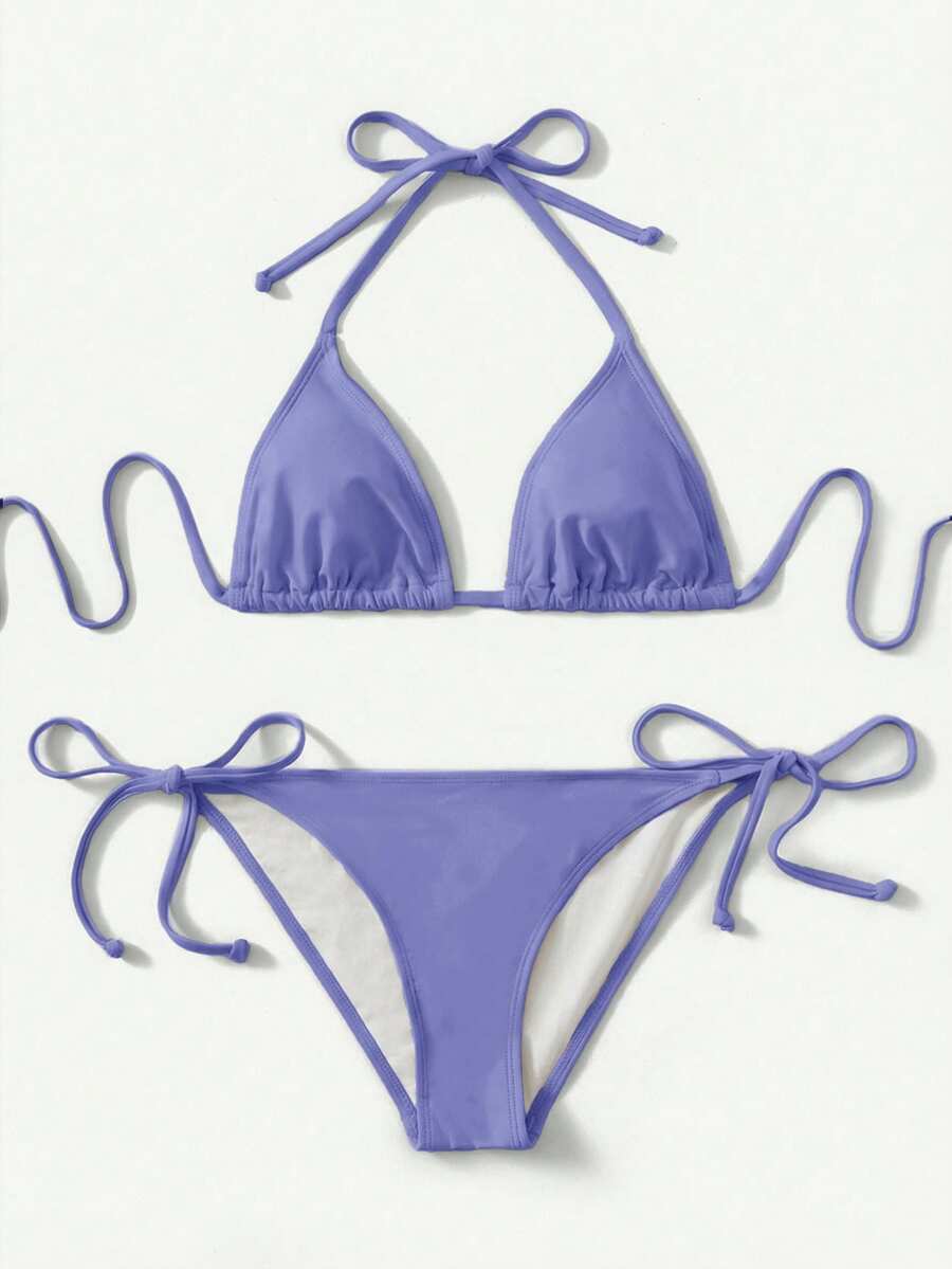 Women's high waist halter tie bikini swimwear set featuring triangle cups, wireless bra with removable padding, and tie side bottoms.