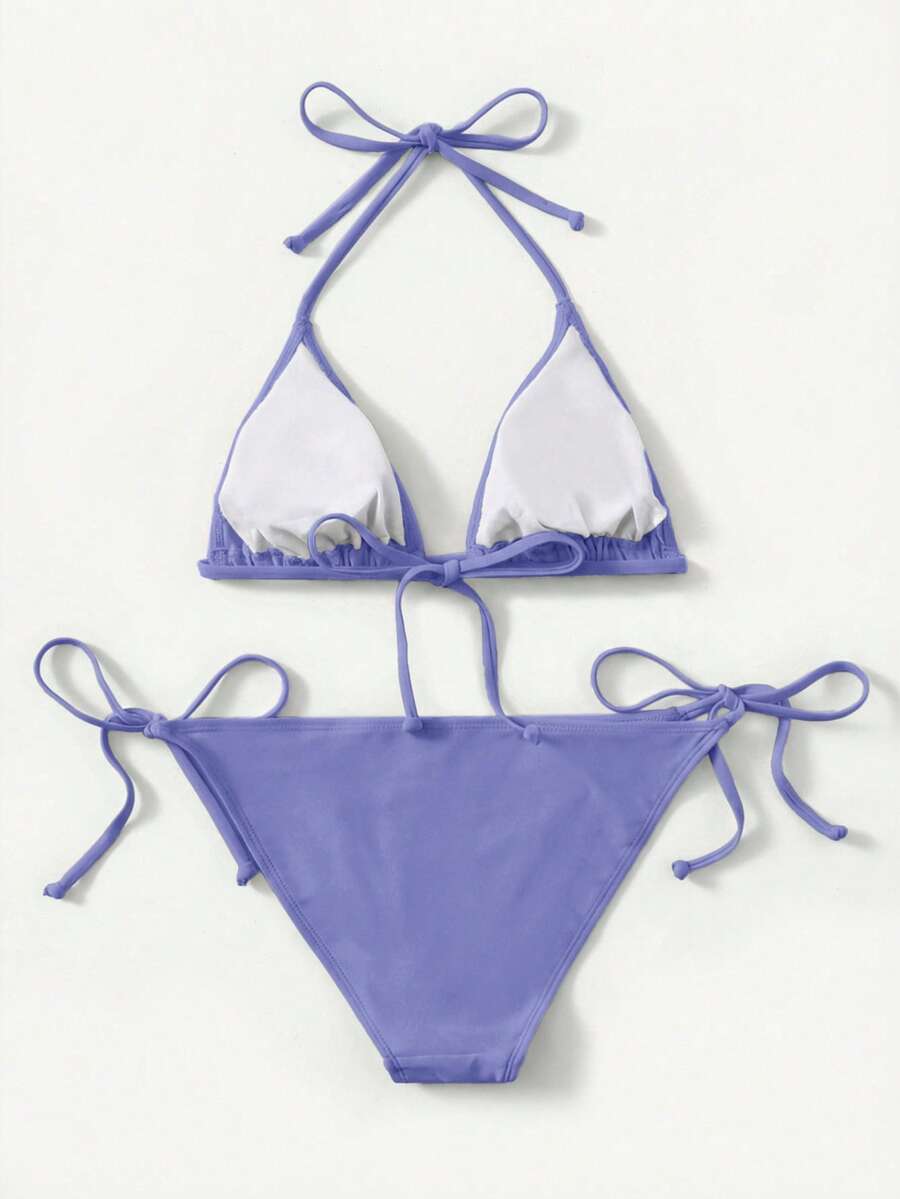 Women's high waist halter tie bikini swimwear set featuring triangle cups, wireless bra with removable padding, and tie side bottoms.