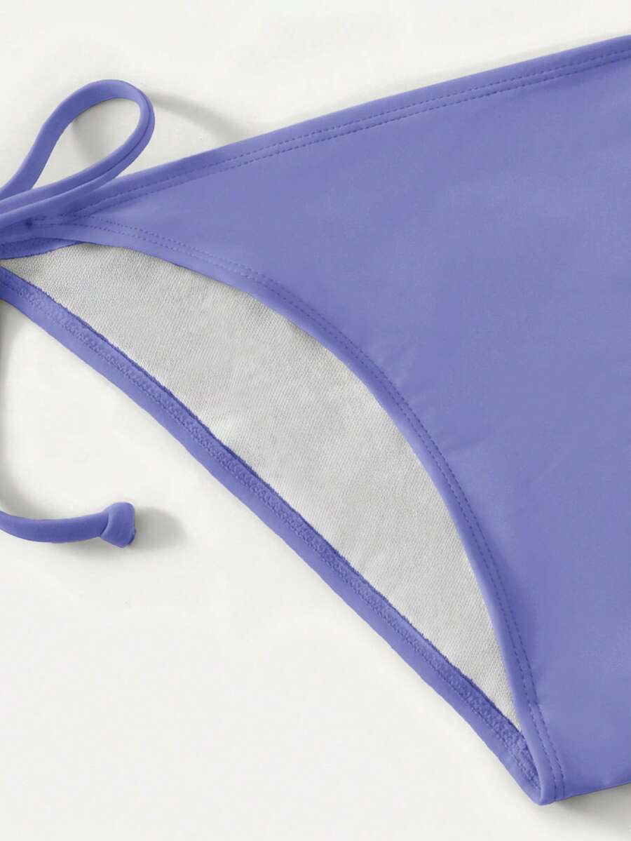 Women's high waist halter tie bikini swimwear set featuring triangle cups, wireless bra with removable padding, and tie side bottoms.